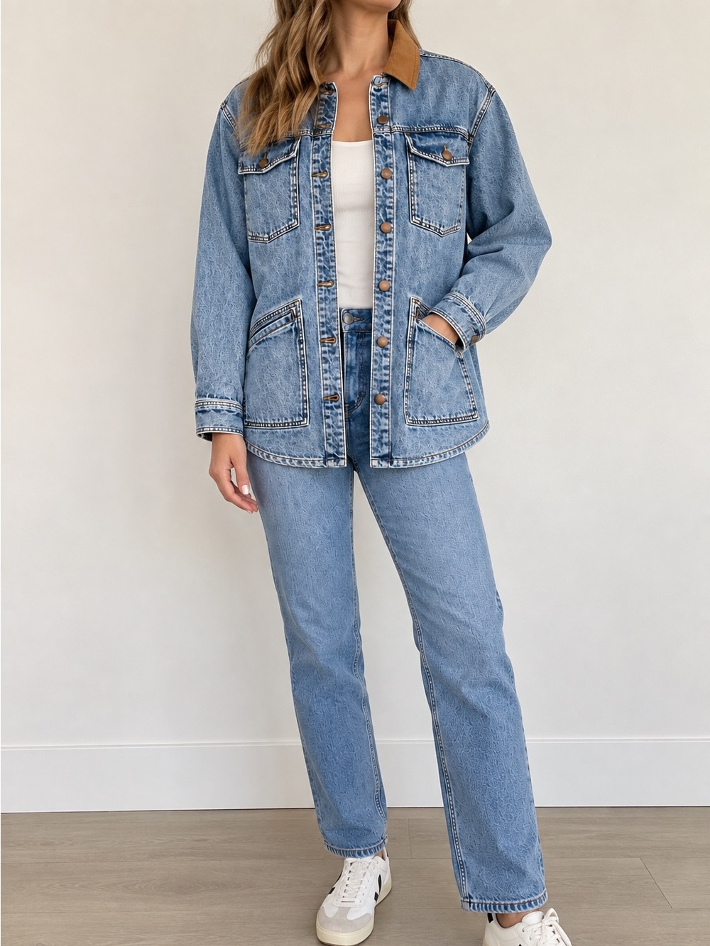 Women’s Light Blue Denim Chore Jacket with Brown Collar